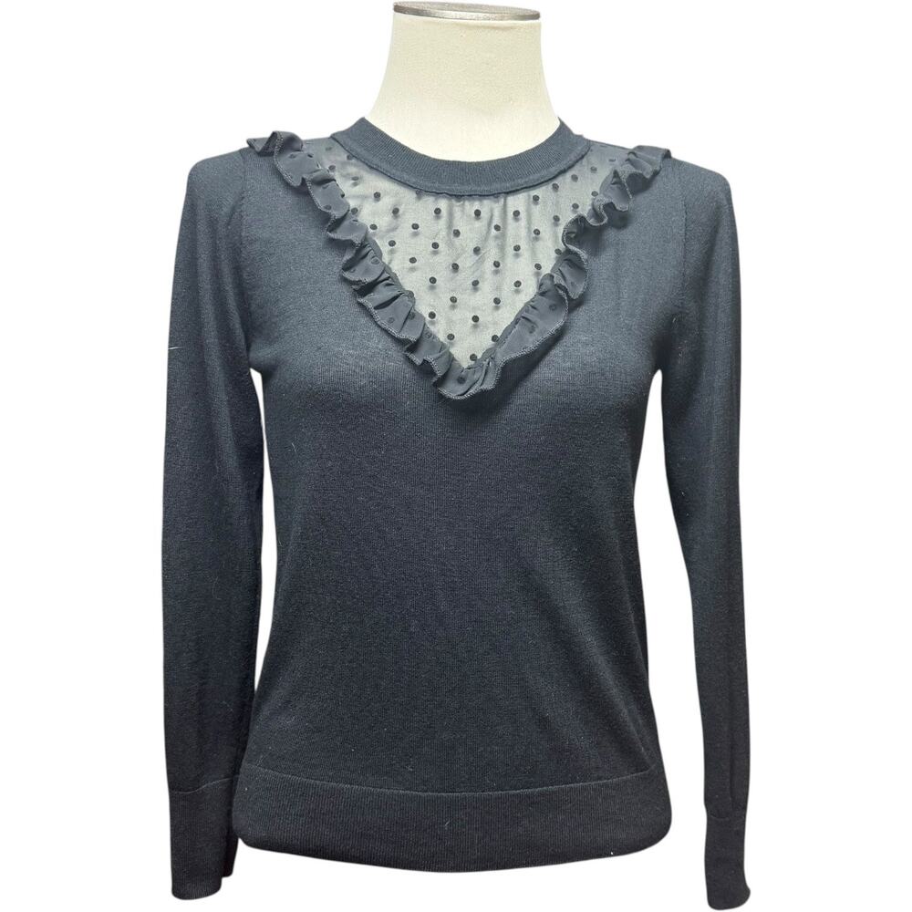 LOFT Wool Blend Ruffle Crew Neck Sweater Sheer Polka Dot Panel Black Small